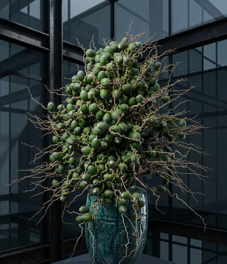 Sculptural gallery installation of seed pods and bare branches in a glazed vessel